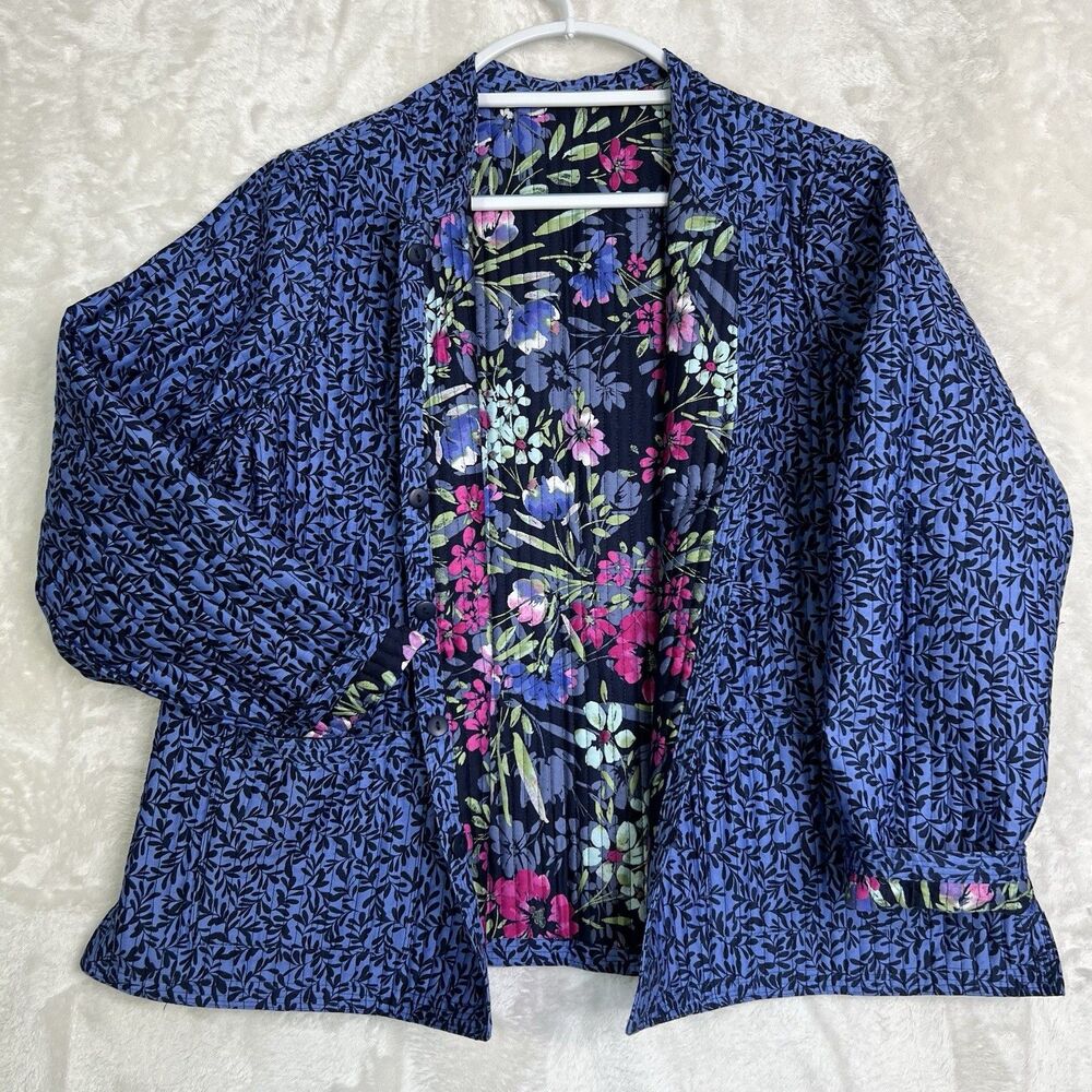 New Appleseed’s Women’s Sz M/S Jacket Reversible Blue Floral Organic Cotton Chic